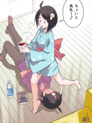 Rule 34 | 1boy, 1girl, :o, ahoge, araragi koyomi, araragi tsukihi, artist name, barefoot, between legs, black hair, blue kimono, blunt ends, blush, bob cut, book, bottle, breasts, brother and sister, brown pants, brown socks, commentary, constricted pupils, couch, crossed arms, cup, drawstring, egg hair ornament, embarrassed, expressive hair, food-themed hair ornament, foot up, fried egg, full-face blush, full body, green kimono, grey eyes, hair ornament, hair over one eye, highres, holding, holding cup, hood, hood down, hoodie, huge bow, inverted bob, japanese clothes, kikumaru bunta, kimono, knee up, long sleeves, lying, monogatari (series), nisemonogatari, nostrils, obi, on back, on floor, open mouth, pants, plastic bottle, purple hoodie, red sash, sash, shirt, short hair, short kimono, siblings, signature, small breasts, socks, speech bubble, steam, surprised, tea, teacup, teasing, tiptoes, toes, translated, walking, water, water bottle, wide-eyed, wide sleeves, wooden floor