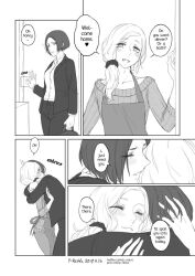 Rule 34 | apron, blush, business suit, closed eyes, closing door, comic, commentary, dated, english commentary, formal, hair ornament, hair scrunchie, highres, hug, jewelry, monochrome, original, pixiv username, reavz, reverse trap, ring, scrunchie, shinkon santaku, short hair, side ponytail, signature, smile, suit, trap, twitter username, wedding ring