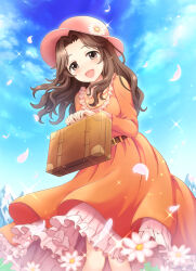 Rule 34 | 1girl, absurdres, ariura kanna, bag, belt, belt buckle, birthday, blue sky, blush, breasts, briefcase, brown bag, brown belt, brown eyes, brown hair, buckle, buttons, cloud, collared dress, commentary request, daisy, day, dot nose, dress, feet out of frame, floral print, floral print dress, flower, frilled dress, frills, from below, hat, hat flower, highres, holding, holding bag, idolmaster, idolmaster cinderella girls, knees together feet apart, layered dress, leaning forward, light blush, long dress, long hair, long sleeves, looking at viewer, medium breasts, mountain, mountainous horizon, official alternate costume, open mouth, orange dress, outdoors, parted hair, petals, pink hat, sidelocks, sky, sleeve cuffs, smile, solo, sparkle, standing, sun hat, tongue, wavy hair, white flower, youme
