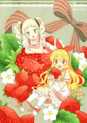 Rule 34 | 2girls, :d, aikatsu!, aikatsu! (series), apron, blonde hair, blunt bangs, blush, bow, commentary request, crossed arms, dress, drill hair, fang, flower, food, frilled dress, frills, fruit, green eyes, hair between eyes, hair bow, hair ribbon, holding, holding food, hoshimiya ichigo, leaf, long hair, looking at another, mea010, multiple girls, open mouth, puffy short sleeves, puffy sleeves, red eyes, ribbon, short sleeves, sitting, smile, strawberry, teeth, todo yurika, twin drills, twintails, twitter username, upper teeth only, waist apron, white flower, wrist cuffs