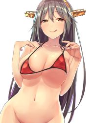 Rule 34 | 10s, 1girl, :q, absurdres, baffu, bare shoulders, bikini, bikini pull, bikini top only, black hair, blush, bottomless, breasts, brown eyes, clothes pull, collarbone, cowboy shot, eyebrows, groin, hair between eyes, halterneck, haruna (kancolle), headgear, highres, kantai collection, large breasts, licking lips, long hair, looking at viewer, nail polish, navel, out-of-frame censoring, pulling own clothes, red bikini, shiny skin, simple background, skindentation, smile, solo, swimsuit, tongue, tongue out, underboob