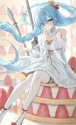 Rule 34 | 1girl, absurdres, anchor ornament, azur lane, bare shoulders, blue eyes, blue hair, bow, braid, butterfly ornament, cake, clothes lift, commentary request, crown, detached collar, dress, dress lift, floating hair, food, french braid, fruit, hair over one eye, hair ribbon, hidulume, highres, janus (azur lane), key, long hair, looking at viewer, mini crown, pantyhose, red bow, red footwear, red ribbon, ribbon, sitting on food, solo, strawberry, strawberry shortcake, thigh strap, twintails, very long hair, white dress, white pantyhose