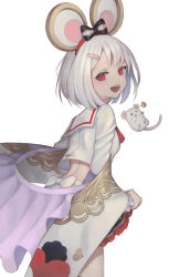Rule 34 | 1girl, animal ears, baddream, black eyes, bow, cheese, fake animal ears, falling, food, frills, granblue fantasy, hair ornament, hairclip, heart, highres, lifting own clothes, looking back, mouse (animal), mouse ears, open mouth, red eyes, short hair, simple background, teeth, tongue, upper teeth only, vikala (granblue fantasy), white background, white bow, white hair