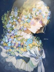 1girl blonde_hair blue_background blue_eyes flower frilled_shirt frills hair_flower hair_ornament highres looking_to_the_side orie_h original profile ribbon shirt short_hair simple_background solo upper_body white_ribbon white_shirt