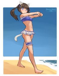 Rule 34 | 1girl, animal ears, beach, bikini, bikini skirt, blue bikini, blush, bookmarkahead, brave witches, breasts, brown eyes, brown hair, cat ears, cat tail, female focus, full body, georgette lemare, groin, highres, looking at viewer, navel, ocean, open mouth, outdoors, sky, small breasts, solo, swimsuit, tail, twintails, walking, world witches series