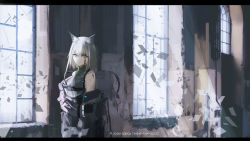 Rule 34 | 1girl, absurdres, alternate costume, animal ear fluff, animal ears, arknights, black coat, blood, blood on face, broken glass, cat ears, closed mouth, coat, cowboy shot, female focus, glass, green eyes, grey hair, highres, kal&#039;tsit (arknights), letterboxed, long sleeves, looking at viewer, mackia, material growth, medium hair, oripathy lesion (arknights), russian text, sidelocks, solo, standing