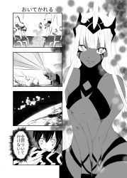 Rule 34 | 001 (darling in the franxx), 10s, 1boy, 1girl, 4koma, between legs, comic, commentary request, dark skin, darling in the franxx, greyscale, hand between legs, highres, hiro (darling in the franxx), horns, long hair, looking at viewer, momo en, monochrome, oni horns, scar, scar on face, short hair, speech bubble, translation request