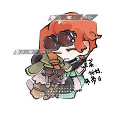 Rule 34 | 1girl, 1other, ^ ^, ambiguous gender, animification, apex legends, bloodhound (apex legends), blush, brown jacket, chibi, chinese text, closed eyes, fur-trimmed jacket, fur trim, goggles, goggles on head, green headwear, hair behind ear, helmet, highres, horizon (apex legends), hug, jacket, orange hair, rebreather, short hair, skull, smile, translation request, ya ya (jiling651)