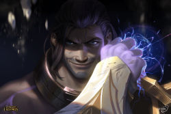 Rule 34 | artist name, black hair, blue eyes, chain, close-up, collar, dirty, facial hair, league of legends, logo, long hair, looking at viewer, male focus, manly, mature male, muscular, saturn (satscarlet), smile, solo, stubble, sylas (league of legends)