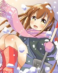 Rule 34 | 10s, 1girl, blush, boots, brown hair, commentary, fumizuki (kancolle), gloves, highres, kantai collection, long hair, looking at viewer, misacho (misa1001), open mouth, pink gloves, pink scarf, ponytail, red footwear, scarf, shovel, smile, snow, solo, worktool, yellow eyes