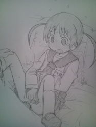 Rule 34 | 1girl, blush, clothed sex, lying, monochrome, nichijou, on back, open mouth, penis, pov, pussy, school uniform, sex, shoes, short hair, sketch, skirt, socks, solo focus, spread legs, sweat, tachibana mihoshi, tears, tokisadame school uniform, tomu (tomubobu), traditional media, twintails, uncensored