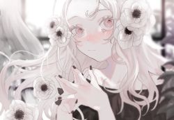 Rule 34 | 10 io, 1girl, bad id, bad twitter id, bare shoulders, black dress, black nails, blurry, blurry background, blush, closed mouth, collarbone, commentary, dress, english commentary, flower, hair flower, hair ornament, hands up, highres, light particles, light smile, long hair, nail polish, off-shoulder dress, off shoulder, original, own hands together, pink eyes, portrait, solo, tearing up, upper body, white flower, white hair