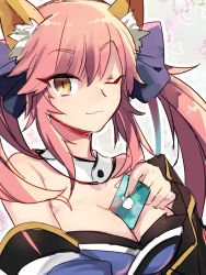 Rule 34 | 10s, 1girl, ;), animal ears, apple inc., between breasts, bow, breasts, card, card between breasts, cleavage, detached sleeves, fate/extra, fate/grand order, fate (series), fox ears, gift card, hair bow, japanese clothes, kimono, large breasts, nikame, one eye closed, pink hair, smile, solo, tamamo (fate), tamamo no mae (fate/extra), upper body, yellow eyes