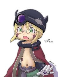 Rule 34 | 1other, android, auchu jin, blonde hair, cape, character name, facial mark, fake horns, female focus, fusion, glasses, helmet, horned headwear, horns, made in abyss, navel, open mouth, other focus, pants, regu (made in abyss), riko (made in abyss), rimless eyewear, short hair with long locks, sidelocks, simple background, solo, twitter username, white background