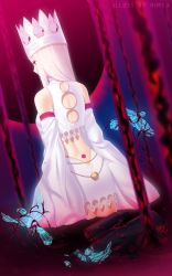 Rule 34 | 1girl, artist name, back, back tattoo, backless dress, backless outfit, bird, chain, crown, detached sleeves, dress, dress of heaven, fate/grand order, fate (series), from behind, highres, irisviel von einzbern, irisviel von einzbern (caster), long hair, red eyes, rimuu, solo, tattoo, tramp stamp, white dress, white hair