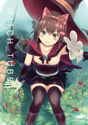 Rule 34 | &gt;:), 1girl, animal ears, arm support, black cape, black dress, black footwear, black gloves, black hat, black thighhighs, blush, boots, breasts, brooch, broom, brown hair, cape, cat ears, collarbone, commentary request, cover, culter, dress, fake animal ears, feet out of frame, fish, foreshortening, from above, gloves, green eyes, grin, hair between eyes, hat, head tilt, heart, heart print, jewelry, leaf, long hair, looking at viewer, original, reaching, reaching towards viewer, ripples, sash, sitting, small breasts, smile, solo, strapless, strapless dress, thighhighs, v-shaped eyebrows, water, white gloves, white sash, witch hat, zettai ryouiki