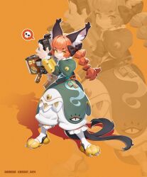 Rule 34 | 1girl, adapted costume, animal ear fluff, animal ears, bigcat 114514, braid, cat ears, cat tail, full body, highres, holding, holding weapon, kaenbyou rin, long hair, looking at viewer, multiple tails, nekomata, solo, spoken skull, tail, touhou, twin braids, two tails, weapon, yellow eyes, zoom layer