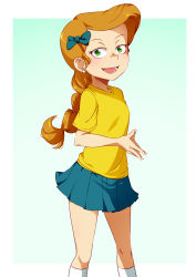 Rule 34 | 1girl, blouse, blue background, blue skirt, border, bow, braid, braided ponytail, brown hair, child, cyan background, earrings, facing viewer, feet out of frame, girl jordan, green eyes, hair bow, highres, jcm2, jewelry, jordan (the loud house), kneehighs, light smile, long hair, looking at viewer, miniskirt, open mouth, outside border, own hands together, pleated skirt, ponytail, ribbon, shirt, simple background, single braid, skirt, smile, socks, solo, standing, swept bangs, the loud house, white border, white socks, yellow shirt