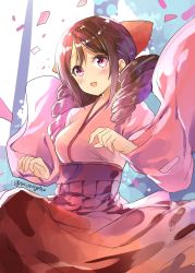 Rule 34 | 1girl, :d, blush, bow, breasts, brown hair, commentary, confetti, cowboy shot, drill hair, hair bow, hakama, hakama skirt, harukaze (kancolle), highres, japanese clothes, kantai collection, kimono, long hair, looking at viewer, medium breasts, meiji schoolgirl uniform, mizuta kenji, one-hour drawing challenge, open mouth, pink kimono, red bow, red eyes, red hakama, skirt, smile, solo, twin drills, twitter username