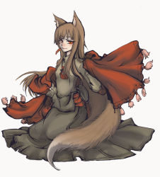 Rule 34 | 1girl, animal ears, brown hair, chili pepper, dress, holo, konecoya, long hair, mouth hold, red eyes, simple background, solo, spice and wolf, tail, wolf ears, wolf tail