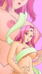 Rule 34 | 1girl, breasts, facing viewer, haru (hall), large breasts, magical drop, matching hair/eyes, medium breasts, monster girl, naked ribbon, nipples, nude, open mouth, parted bangs, pink background, pink eyes, pink hair, ribbon, short hair, simple background, smile, solo, standing, surprised, third eye, topless frame, upper body, wardrobe malfunction, world (magical drop), zoom layer
