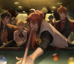 Rule 34 | 6+boys, absurdres, aether (genshin impact), ahoge, alcohol, alhaitham (genshin impact), alternate costume, anger vein, antenna hair, arms up, ascot, ball, billiard, billiard ball, billiard chalk, black ascot, black choker, black hair, black pants, black shirt, blonde hair, blue eyes, blue hair, bottle, bow, bowtie, brown vest, choker, cigarette, closed mouth, collarbone, collared shirt, collared vest, couch, covering one eye, dark-skinned male, dark skin, diluc (genshin impact), earrings, floor, genshin impact, gold, gradient hair, grey bow, grey bowtie, grey hair, grey shirt, grey vest, ha ze, hair between eyes, hair ornament, hair over one eye, hairpin, hands up, highres, indoors, jewelry, kaeya (genshin impact), kaveh (genshin impact), lamp, leaf, light, long hair, long sleeves, looking at another, looking at viewer, looking to the side, male focus, multicolored hair, multiple boys, necklace, open mouth, orange eyes, orange hair, pants, plant, playing games, pocket, ponytail, red eyes, red hair, red shirt, shaded face, shirt, short hair, short sleeves, single earring, sitting, smile, standing, stick, striped clothes, striped vest, tartaglia (genshin impact), teeth, tongue, two-tone hair, v-shaped eyebrows, vertical-striped clothes, vertical-striped vest, vest, wall, yellow eyes, zhongli (genshin impact)