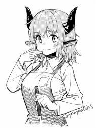 Rule 34 | 1girl, animal ears, apron, arknights, collared shirt, commentary request, cow ears, cow girl, cow horns, cup, greyscale, halftone, hatching, holding, holding cup, horns, ladle, light blush, long sleeves, looking at viewer, monochrome, shirt, short hair, sideroca (arknights), simple background, sketch, smile, solo, upper body, white background, yom (ymayma00ss)