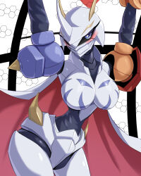 Rule 34 | 1girl, absurdres, breasts, cape, digimon, digimon (creature), female focus, highres, horns, large breasts, looking at viewer, omegamon, solo