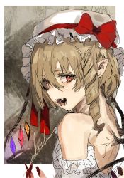 Rule 34 | 1girl, :d, adapted costume, bare shoulders, blonde hair, crystal, drill hair, flandre scarlet, from behind, hair between eyes, hat, highres, hiranko, light blush, looking at viewer, looking back, mob cap, one side up, open mouth, red eyes, simple background, sketch, smile, solo, tareme, teeth, touhou, white hat, wings
