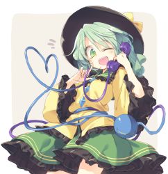 Rule 34 | 1girl, beige background, bow, commentary request, frilled sleeves, frills, green eyes, green hair, green skirt, hat, hat bow, heart, heart of string, holding, holding phone, index finger raised, komeiji koishi, long sleeves, looking at viewer, matching hair/eyes, one eye closed, open mouth, phone, satou kibi, shirt, short hair, sketch, skirt, smile, solo, teeth, third eye, touhou, wide sleeves, yellow shirt