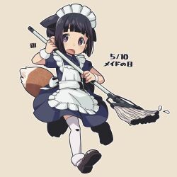Rule 34 | 1girl, alternate costume, animal ears, apron, black footwear, black hair, blue dress, brown background, commentary request, dated, dress, enmaided, fang, fox ears, fox girl, fox tail, frilled apron, frills, full body, holding, kukuri (mawaru), looking at viewer, maid, maid apron, maid day, maid headdress, mawaru (mawaru), mop, open mouth, original, pleated dress, puffy short sleeves, puffy sleeves, purple eyes, shoe soles, shoes, short sleeves, simple background, solo, tail, thighhighs, translation request, white apron, white thighhighs