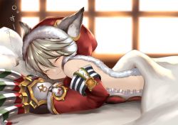 Rule 34 | 10s, 1girl, :3, absurdres, animal ears, bad id, bad pixiv id, blush, claws, closed eyes, ears through headwear, from side, granblue fantasy, grey hair, hat, highres, looking away, lying, on stomach, pillow, red hat, sen (granblue fantasy), short hair, smile, solo, translation request, under covers, yuitanpo