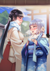 Rule 34 | 10s, 2girls, absurdres, architecture, blunt bangs, cloud, east asian architecture, female admiral (kancolle), hakama, hakama skirt, hiememiko, highres, japanese clothes, jewelry, kantai collection, kimono, long hair, multiple girls, murakumo (kancolle), open mouth, parted lips, red hakama, ring, skirt, sky, torii, tree, twintails, very long hair