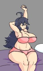 Rule 34 | 1girl, ahoge, armpits, bed sheet, bra, breasts, cleavage, collarbone, commentary, cowboy shot, creatures (company), curvy, english commentary, game freak, hex maniac (pokemon), highres, huge breasts, looking at viewer, messy hair, nail polish, navel, nintendo, on bed, one eye closed, pandacubed, panties, pillow, pink bra, pink panties, pokemon, pokemon xy, poopishness, purple hair, purple nails, sitting, sleepy, solo, stretching, thick thighs, thighs, underwear, waking up, wide hips, yawning
