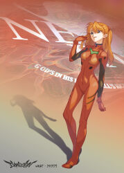 Rule 34 | 1girl, absurdres, artist request, blue eyes, bodysuit, curvy, full body, hand in own hair, highres, interface headset, logo, long hair, looking to the side, neon genesis evangelion, nerv, orange hair, pilot suit, plugsuit, red bodysuit, shiny clothes, simple background, smile, souryuu asuka langley, two side up, upper body