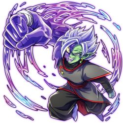 Rule 34 | 1boy, :d, colored sclera, colored skin, dragon ball, dragon ball super, earrings, evil, fused zamasu, green skin, grey eyes, jewelry, male focus, mismatched sclera, open mouth, potara earrings, punching, purple skin, red eyes, ring, smile, solo, spiked hair, teba motoko, veins, white hair, yellow sclera
