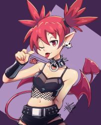 Rule 34 | 1girl, arm behind back, bat wings, disgaea, etna (disgaea), jewelry, leather, mateus upd, necklace, pulling, tail, wings, winking (animated)