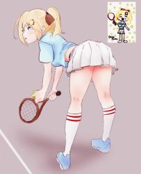Rule 34 | 1girl, blonde hair, blue eyes, breasts, highres, hololive, hololive english, leaning forward, medium breasts, ponytail, sportswear, standing, tennis uniform, virtual youtuber, watson amelia