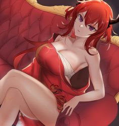 Rule 34 | 1girl, absurdres, alternate costume, arknights, bare arms, bare legs, bare shoulders, breasts, cleavage, collarbone, couch, crossed legs, dress, feet out of frame, highres, horns, large breasts, looking at viewer, niuwajun, on couch, parted lips, purple eyes, red dress, red hair, sarashi, sitting, solo, strapless, strapless dress, surtr (arknights)