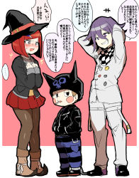 Rule 34 | 1girl, 2boys, absurdres, arms behind back, black footwear, black headwear, black jacket, blush stickers, brown footwear, brown pantyhose, buttons, cigarette, danganronpa (series), danganronpa v3: killing harmony, double-breasted, fake horns, grey background, grin, hands in pockets, hands up, hat, height difference, highres, horns, hoshi ryoma, jacket, long sleeves, miniskirt, multiple boys, oma kokichi, pants, pantyhose, pink background, pleated skirt, purple hair, red hair, shirt, shoes, short hair, skirt, smile, speech bubble, standing, striped clothes, striped pants, suurin (ksyaro), sweat, teeth, translation request, witch hat, yumeno himiko