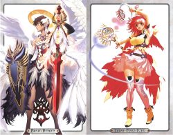 Rule 34 | 1boy, 1girl, angel, angel wings, bastard!!, breasts, brown hair, hagiwara kazushi, large breasts, official art, open mouth, red hair, short hair, simple background, sword, tia noto yoko, weapon, white background, wings