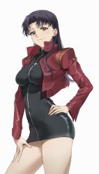 Rule 34 | 1girl, bad id, bad twitter id, bare legs, black dress, breasts, brown eyes, covered navel, cropped jacket, cross, cross necklace, dress, earrings, fingernails, hand on own hip, hand on own thigh, highres, impossible clothes, impossible dress, jacket, jewelry, katsuragi misato, long fingernails, long hair, looking at another, looking at viewer, medium breasts, miniskirt, necklace, neon genesis evangelion, purple hair, red jacket, ryudraw, shiny clothes, short dress, skirt, smile, solo, white background