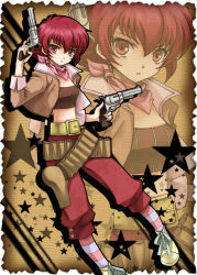Rule 34 | 1girl, alfa system, belt, brown background, dual wielding, full body, gun, holding, iria animi, jacket, pants, pantyhose, red eyes, red hair, shoes, short hair, solo, star (symbol), starry background, striped clothes, striped pantyhose, tales of (series), tales of innocence, tomo 3, weapon, zoom layer
