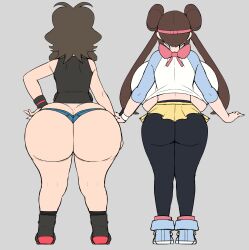 Rule 34 | 2girls, absurdres, ass, ass focus, backboob, breasts, brown hair, butt crack, creatures (company), crop top, curvy, from behind, game freak, greyimpaction, hair bun, highres, hilda (pokemon), huge ass, huge breasts, multiple girls, nintendo, pantyhose, pokemon, pokemon bw, pokemon bw2, rosa (pokemon), short shorts, shorts, thick thighs, thighs, underboob, wide hips