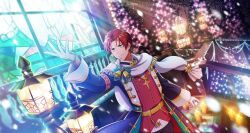 Rule 34 | 1boy, candle, christmas ornaments, gloves, green eyes, headset, highres, idolmaster, idolmaster side-m, idolmaster side-m growing stars, light smile, long sleeves, male focus, mayumi eishin, official art, red hair, scarf, smile, solo, stained glass, white gloves, white scarf