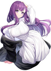 Rule 34 | 1girl, black coat, blunt bangs, blush, breasts, coat, dress, fern (sousou no frieren), highres, large breasts, long hair, long sleeves, looking at viewer, off shoulder, open clothes, open coat, purple eyes, purple hair, ririko (zhuoyandesailaer), sidelocks, solo, sousou no frieren, thighs, white dress