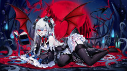 Rule 34 | 1girl, ;p, artist name, bare shoulders, black bow, black dress, black thighhighs, book, bow, bowtie, brooch, commentary, crown, demon girl, demon tail, demon wings, detached sleeves, dress, english commentary, floating, garter straps, grey hair, hair between eyes, hair bow, hair ribbon, hand up, head rest, high heels, highres, jewelry, long hair, looking at viewer, lying, moon, nail polish, night, one eye closed, original, red bow, red bowtie, red eyes, red footwear, red moon, red nails, ribbon, sheya, signature, sky, solo, star (sky), starry sky, tail, thighhighs, thighs, tongue, tongue out, twintails, very long hair, white hair, wings