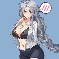 Rule 34 | 1girl, ahoge, black bra, black shorts, blue background, blue eyes, blush, bra, braid, braided ponytail, breasts, cleavage, closed mouth, collarbone, commentary request, eaglov, grey hair, highres, large breasts, long hair, looking at viewer, navel, open clothes, open shirt, pixel art, shirt, short shorts, shorts, simple background, solo, spoken blush, tearing up, touhou, underwear, variant set, very long hair, white shirt, yagokoro eirin