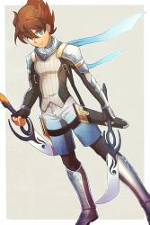 Rule 34 | 1boy, armor, bad id, bad pixiv id, blue eyes, brown hair, dolustoy, dual wielding, holding, inazuma eleven (series), inazuma eleven go, light smile, male focus, matsukaze tenma, pegasus, sheath, short hair, simple background, solo, standing, sword, weapon