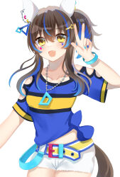 Rule 34 | 1girl, absurdres, animal ears, bare shoulders, bead bracelet, beads, belt, blue bracelet, blue hair, blue shirt, bracelet, breasts, brown hair, clothing cutout, colored inner hair, commentary request, cowboy shot, daitaku helios (umamusume), ear covers, facial tattoo, fang, hair ornament, hairclip, highres, horse ears, horse girl, horse tail, jewelry, kaoru (h8qm9), medium hair, multicolored hair, necklace, open mouth, pencil behind ear, red bracelet, shirt, short sleeves, shorts, shoulder cutout, side ponytail, simple background, skin fang, small breasts, smile, solo, streaked hair, tail, tattoo, two-tone shirt, umamusume, w, white background, white shorts, yellow belt, yellow eyes, yellow shirt